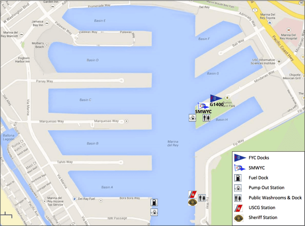 Map of Marina del Rey harbor showing the entrance channel, breakwater, jetties and basins